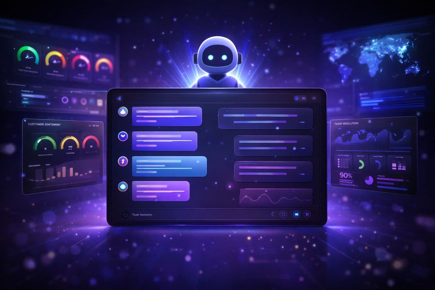 Futuristic AI agent dashboard showing real-time customer support interactions, sentiment analysis, and automated ticket resolution workflows for enterprise businesses in 2026