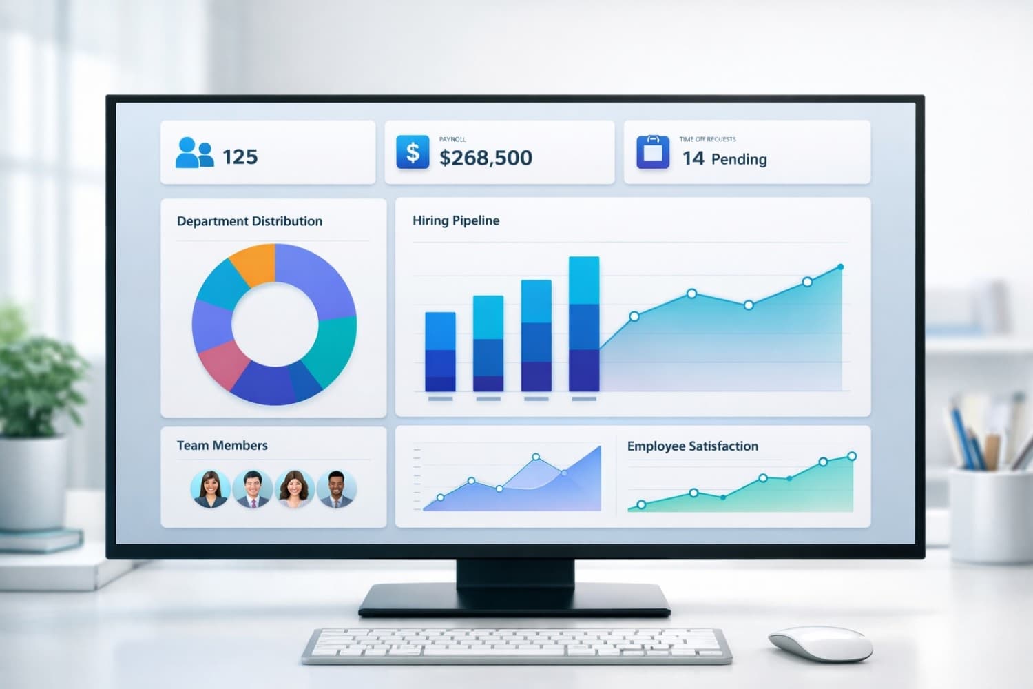 AI HR software dashboard showing employee management, payroll, and recruitment analytics for small business operations