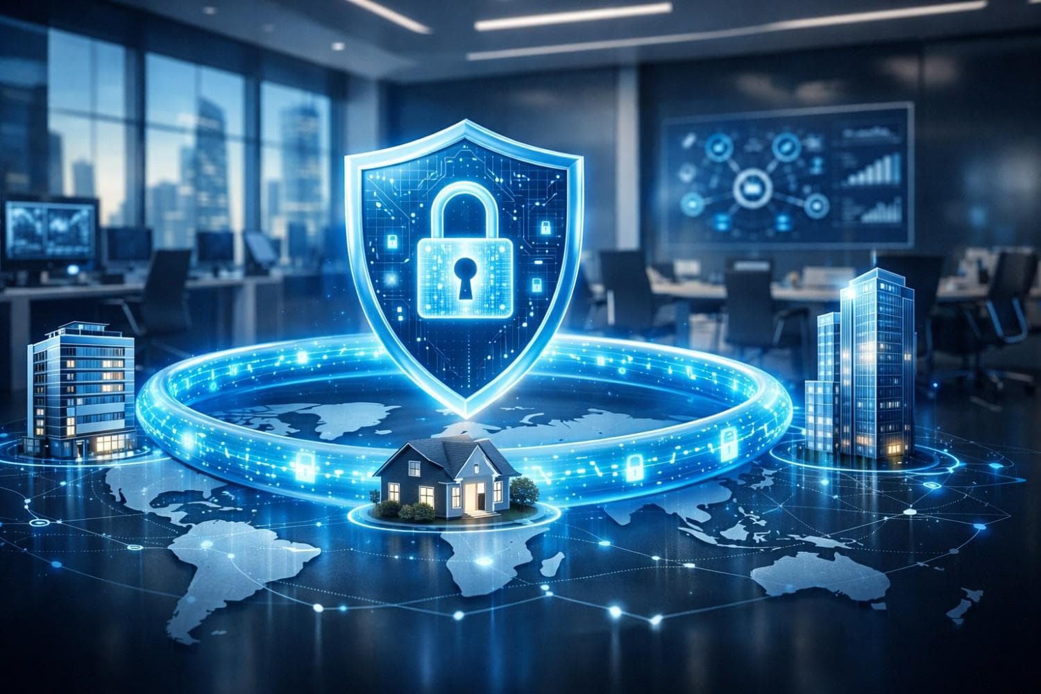 Enterprise VPN security visualization showing secure global network connections protecting remote team data access