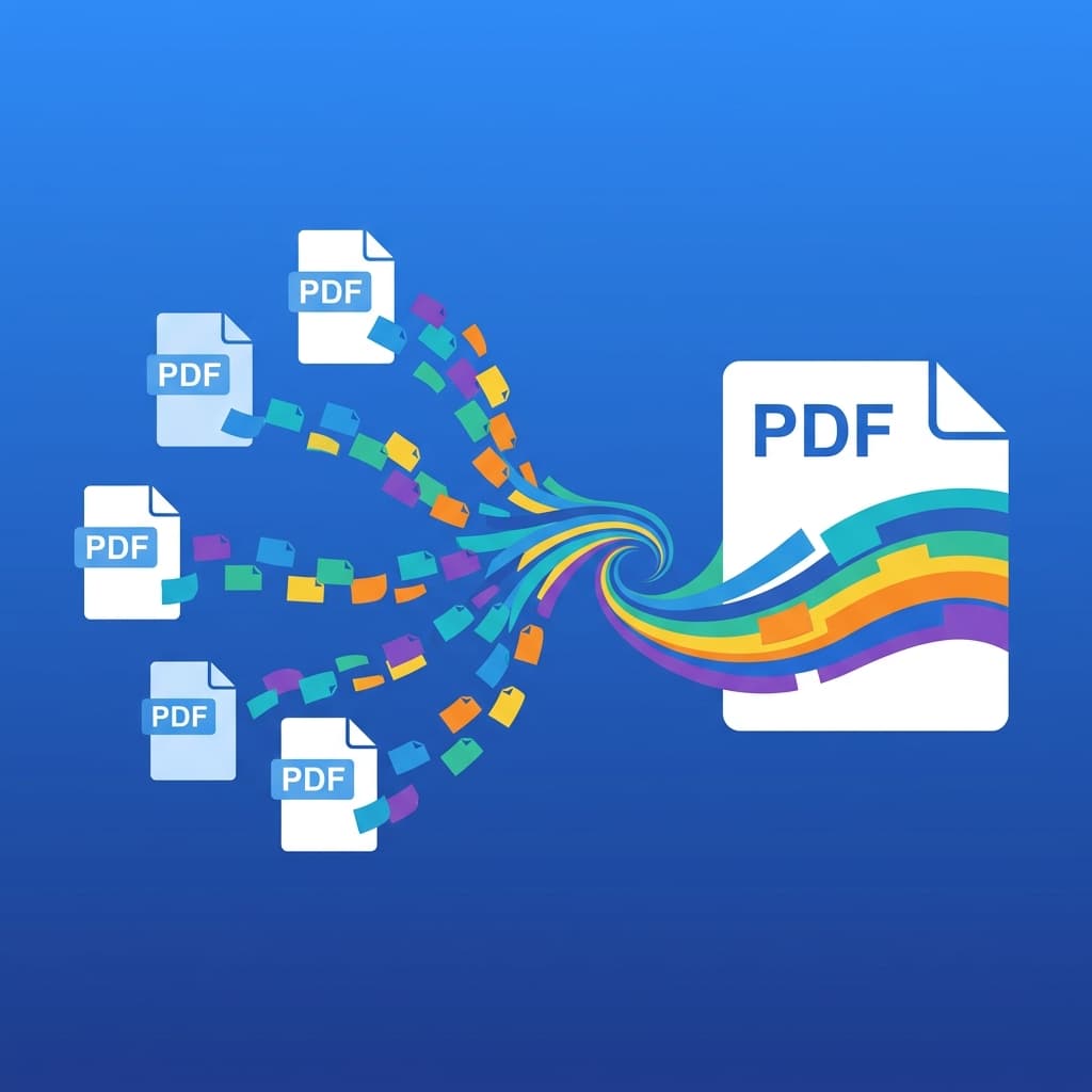 A clean workspace showing a laptop screen with multiple PDF documents being combined into a single file using an online PDF merger tool